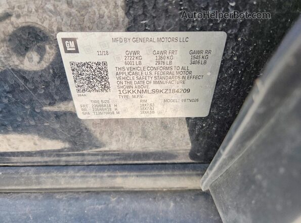 1GKKNMLS9KZ184209 2019 GMC ACADIA Black VIN კოდის სტიკერის ხედი
