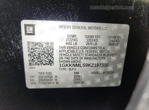 1GKKNMLS9KZ197316 2019 GMC ACADIA Черный Вид наклейки с VIN-кодом