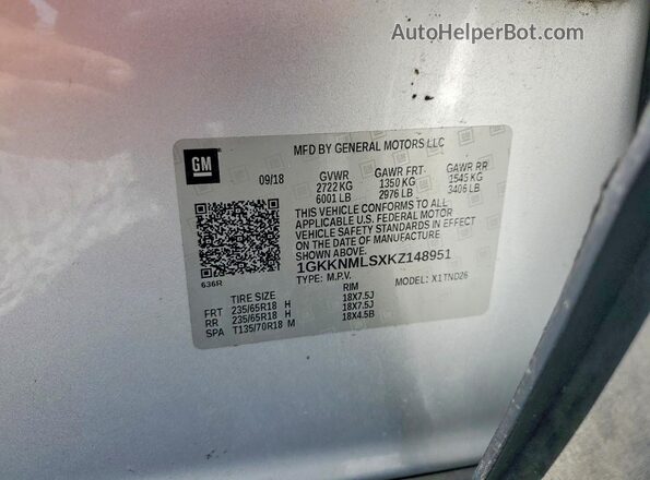 1GKKNMLSXKZ148951 2019 GMC ACADIA Silver Вид наклейки з VIN-кодом