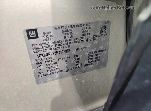 1GKKNNLS3HZ178985 2017 GMC ACADIA Silver Widok naklejki z numerem VIN