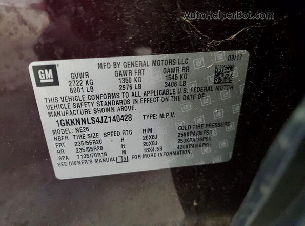 1GKKNNLS4JZ140428 2018 GMC ACADIA Бордовый Вид наклейки с VIN-кодом