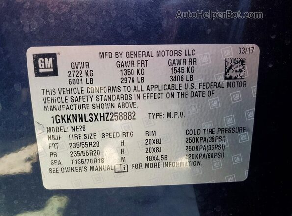 1GKKNNLSXHZ258882 2017 GMC ACADIA Black Вид наклейки з VIN-кодом