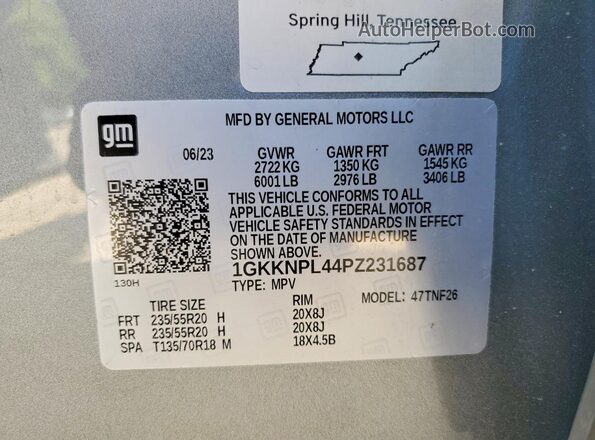 1GKKNPL44PZ231687 2023 GMC ACADIA Gray VIN կոդի պիտակի տեսք