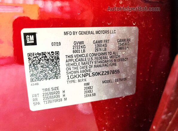 1GKKNPLS0KZ297855 2019 GMC ACADIA Red Widok wnętrza 360 stopni