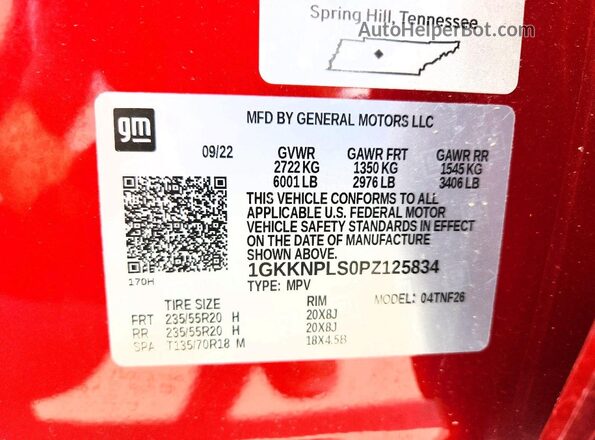 1GKKNPLS0PZ125834 2023 GMC ACADIA Red Vista de la etiqueta del VIN