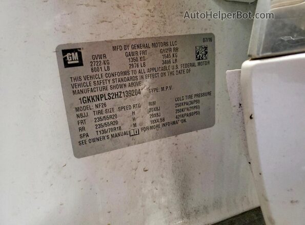 1GKKNPLS2HZ139204 2017 GMC ACADIA White Engine compartment view