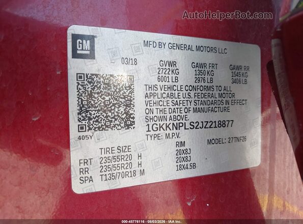 1GKKNPLS2JZ218877 2018 GMC ACADIA Maroon Engine compartment view