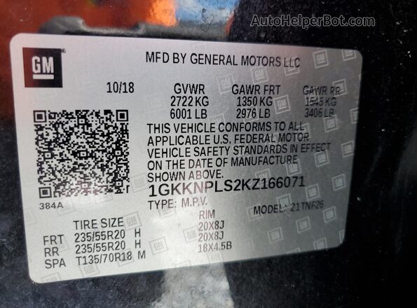1GKKNPLS2KZ166071 2019 GMC ACADIA Black VIN sticker view