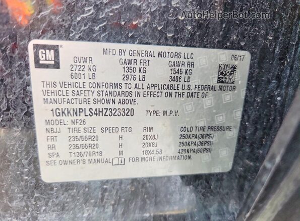1GKKNPLS4HZ323320 2017 GMC ACADIA Black VIN კოდის სტიკერის ხედი