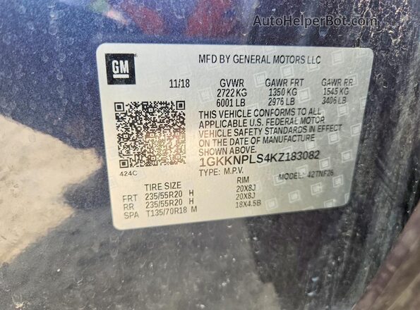 1GKKNPLS4KZ183082 2019 GMC ACADIA Blue VIN կոդի պիտակի տեսք