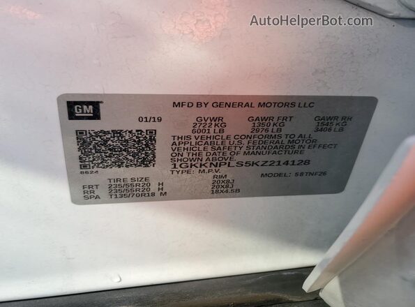 1GKKNPLS5KZ214128 2019 GMC ACADIA White სალონის 360-გრადუსიანი ხედი