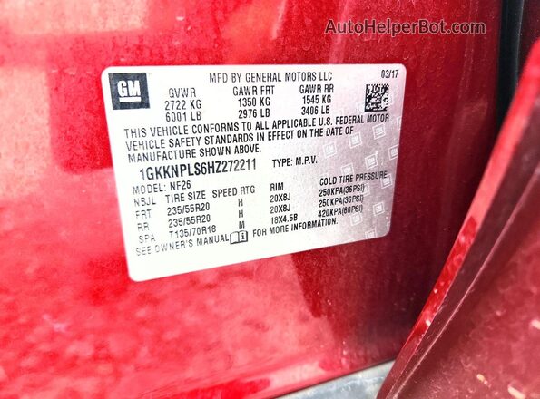 1GKKNPLS6HZ272211 2017 GMC ACADIA Red VIN կոդի պիտակի տեսք