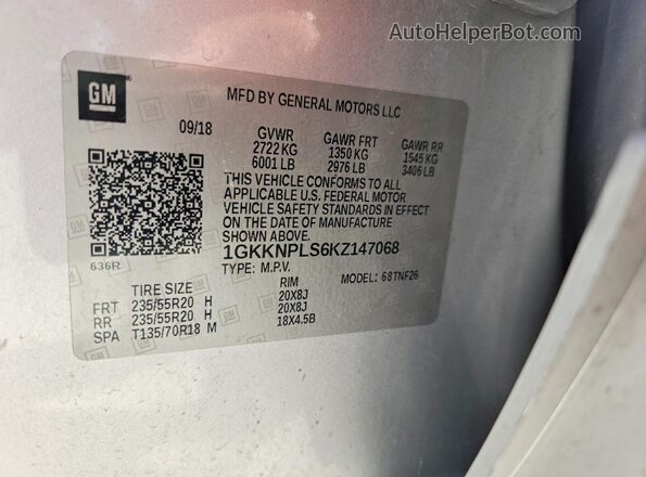 1GKKNPLS6KZ147068 2019 GMC ACADIA Silver VIN կոդի պիտակի տեսք