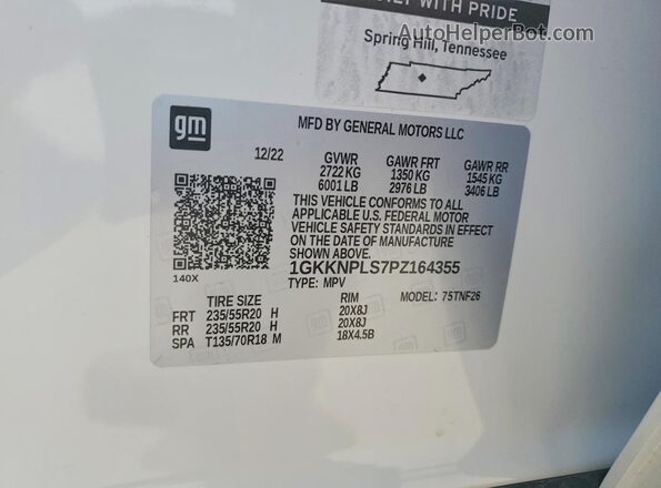 1GKKNPLS7PZ164355 2023 GMC ACADIA Белый Вид наклейки с VIN-кодом