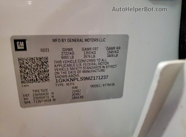1GKKNPLS9MZ171237 2021 GMC ACADIA White VIN sticker view