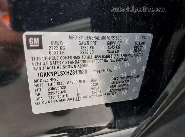 1GKKNPLSXHZ310880 2017 GMC ACADIA Black VIN sticker view
