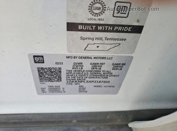 1GKKNPLSXPZ187502 2023 GMC ACADIA Белый Вид наклейки с VIN-кодом
