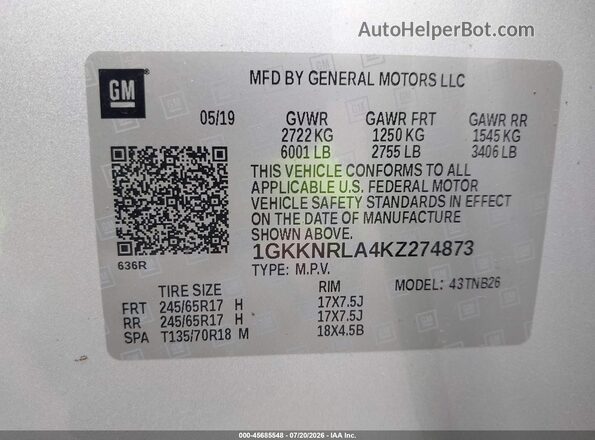 1GKKNRLA4KZ274873 2019 GMC ACADIA Silver Vista del compartimento del motor