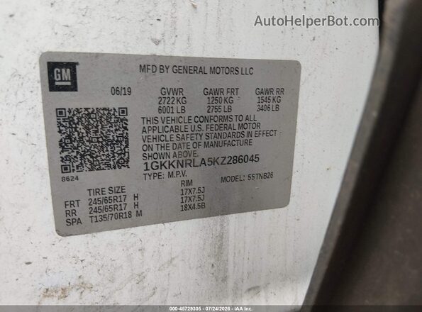 1GKKNRLA5KZ286045 2019 GMC ACADIA Белый Вид подкапотного пространства