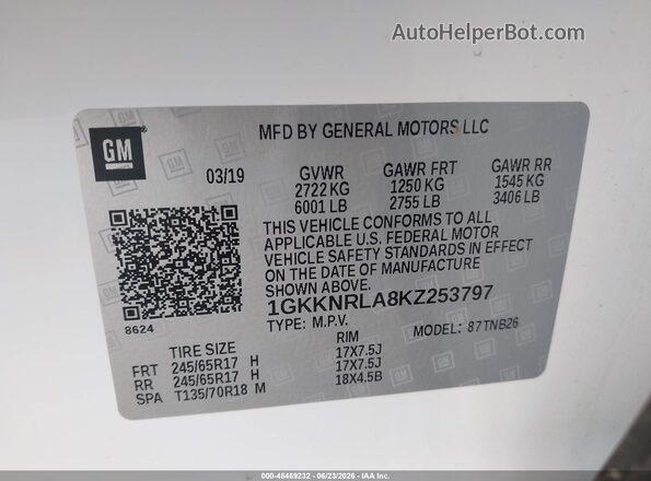 1GKKNRLA8KZ253797 2019 GMC ACADIA White Vista del compartimento del motor