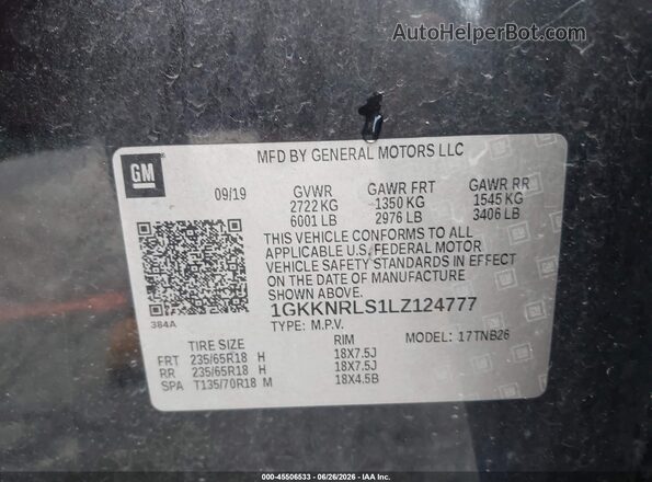 1GKKNRLS1LZ124777 2020 GMC ACADIA Black Вид підкапотного простору