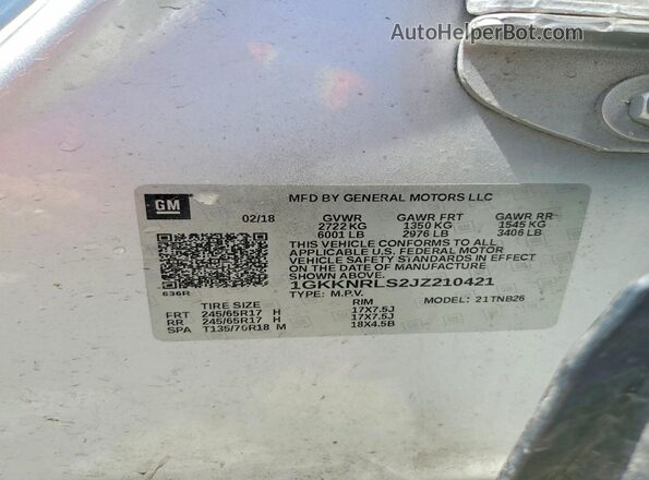 1GKKNRLS2JZ210421 2018 GMC ACADIA Silver Widok naklejki z numerem VIN
