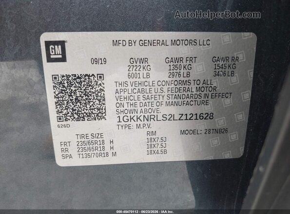 1GKKNRLS2LZ121628 2020 GMC ACADIA Gray Շարժիչի բաժամունքի տեսք