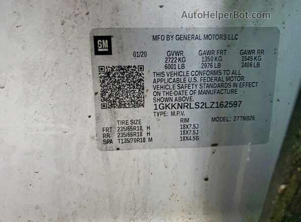 1GKKNRLS2LZ162597 2020 GMC ACADIA Silver Vista de la etiqueta del VIN