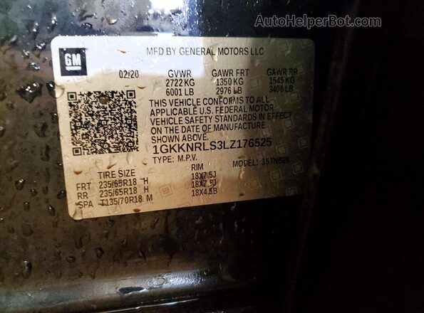 1GKKNRLS3LZ176525 2020 GMC ACADIA Black Vista de la etiqueta del VIN