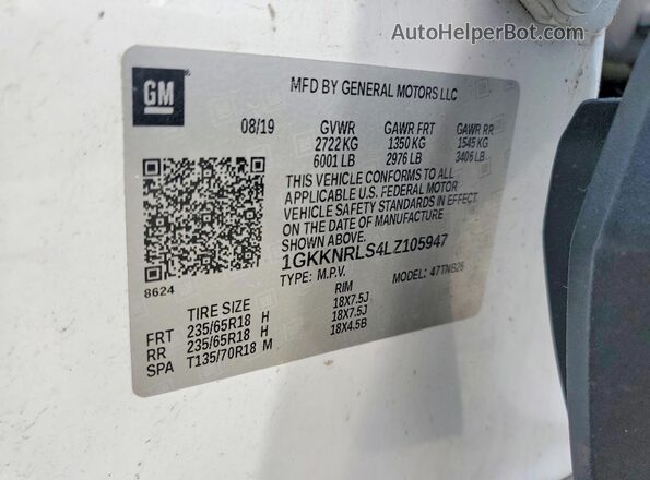 1GKKNRLS4LZ105947 2020 GMC ACADIA White Вид наклейки з VIN-кодом