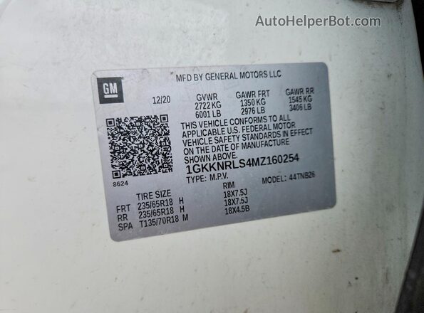 1GKKNRLS4MZ160254 2021 GMC ACADIA White VIN კოდის სტიკერის ხედი