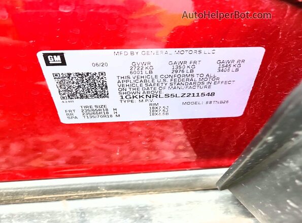 1GKKNRLS5LZ211548 2020 GMC ACADIA Red Widok naklejki z numerem VIN