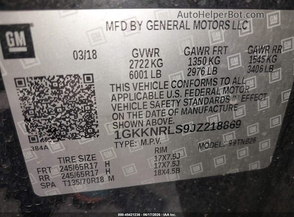 1GKKNRLS9JZ218869 2018 GMC ACADIA Black Вид підкапотного простору