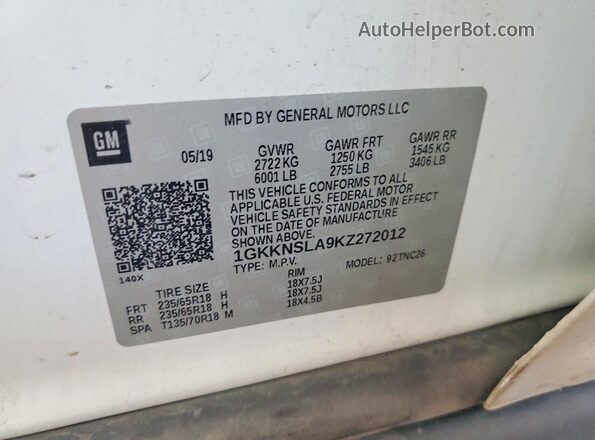 1GKKNSLA9KZ272012 2019 GMC ACADIA White Вид наклейки з VIN-кодом