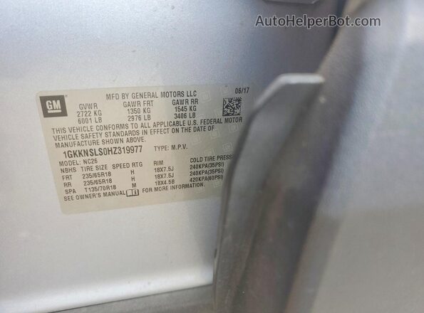 1GKKNSLS0HZ319977 2017 GMC ACADIA Blue VIN sticker view