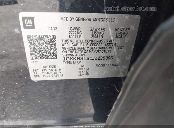1GKKNSLS1JZ235396 2018 GMC ACADIA Black Вид підкапотного простору