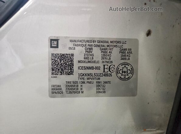 1GKKNSLS3JZ248926 2018 GMC ACADIA Silver Widok naklejki z numerem VIN
