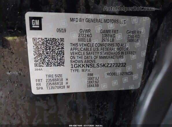 1GKKNSLS5KZ273232 2019 GMC ACADIA Black ძრავის განყოფილების ხედი