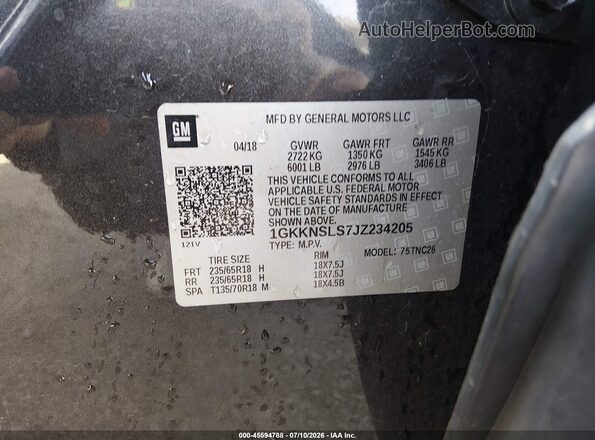 1GKKNSLS7JZ234205 2018 GMC ACADIA Black Вид підкапотного простору