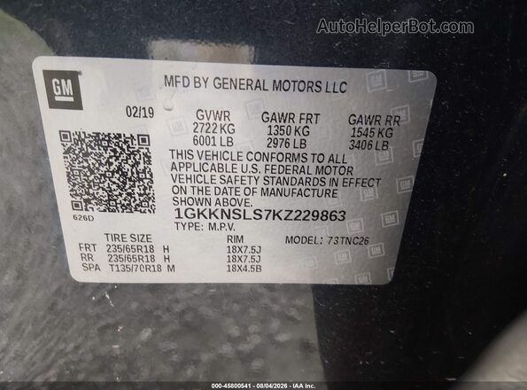 1GKKNSLS7KZ229863 2019 GMC ACADIA Gray Widok komory silnika