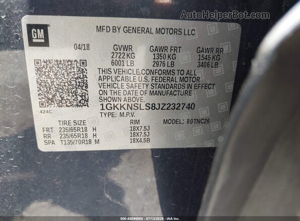 1GKKNSLS8JZ232740 2018 GMC ACADIA Blue Вид підкапотного простору