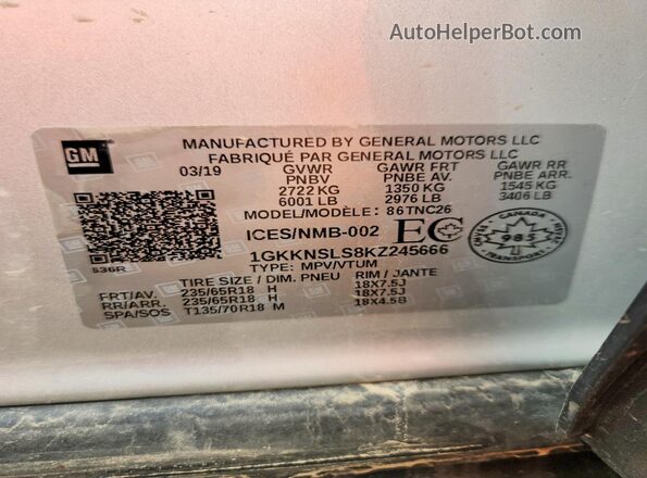 1GKKNSLS8KZ245666 2019 GMC ACADIA Silver Вид наклейки з VIN-кодом