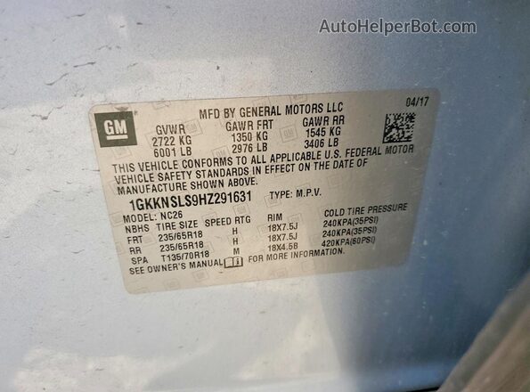 1GKKNSLS9HZ291631 2017 GMC ACADIA Серебряный Вид наклейки с VIN-кодом