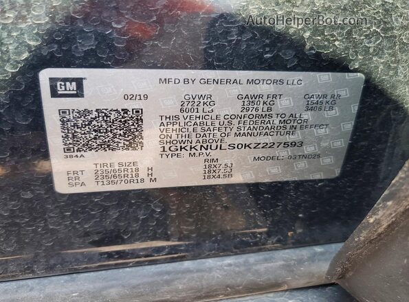 1GKKNULS0KZ227593 2019 GMC ACADIA Black VIN კოდის სტიკერის ხედი