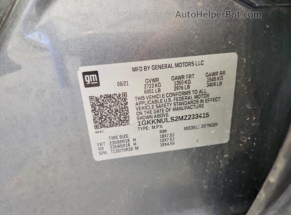 1GKKNULS2MZ233415 2021 GMC ACADIA Silver Vista de la etiqueta del VIN