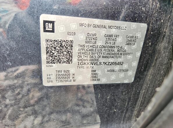 1GKKNVLS7KZ205452 2019 GMC ACADIA Серый Вид наклейки с VIN-кодом