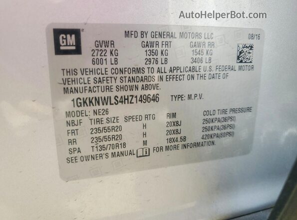 1GKKNWLS4HZ149646 2017 GMC ACADIA Silver VIN կոդի պիտակի տեսք