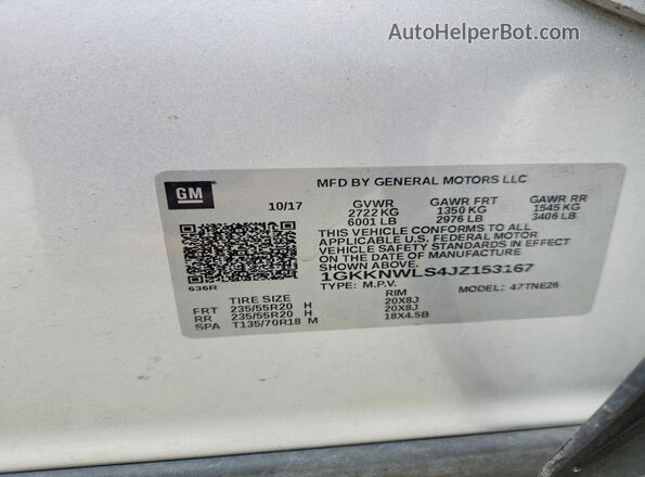 1GKKNWLS4JZ153167 2018 GMC ACADIA Silver Панорамний вид салону 360°