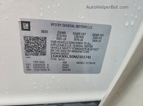 1GKKNXLS0MZ101741 2021 GMC ACADIA Белый Вид наклейки с VIN-кодом