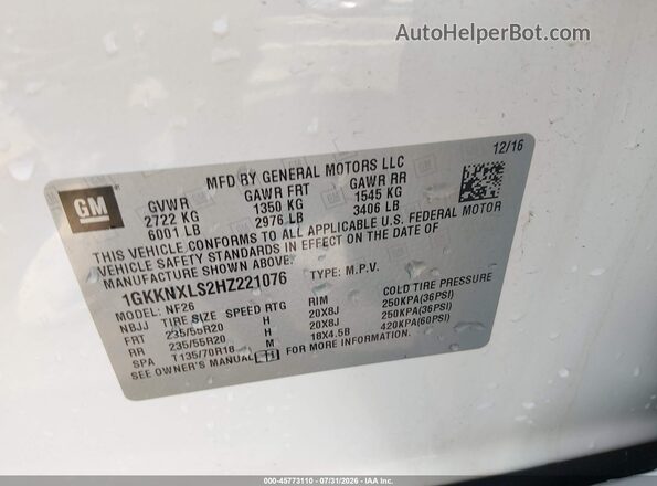 1GKKNXLS2HZ221076 2017 GMC ACADIA White Engine compartment view